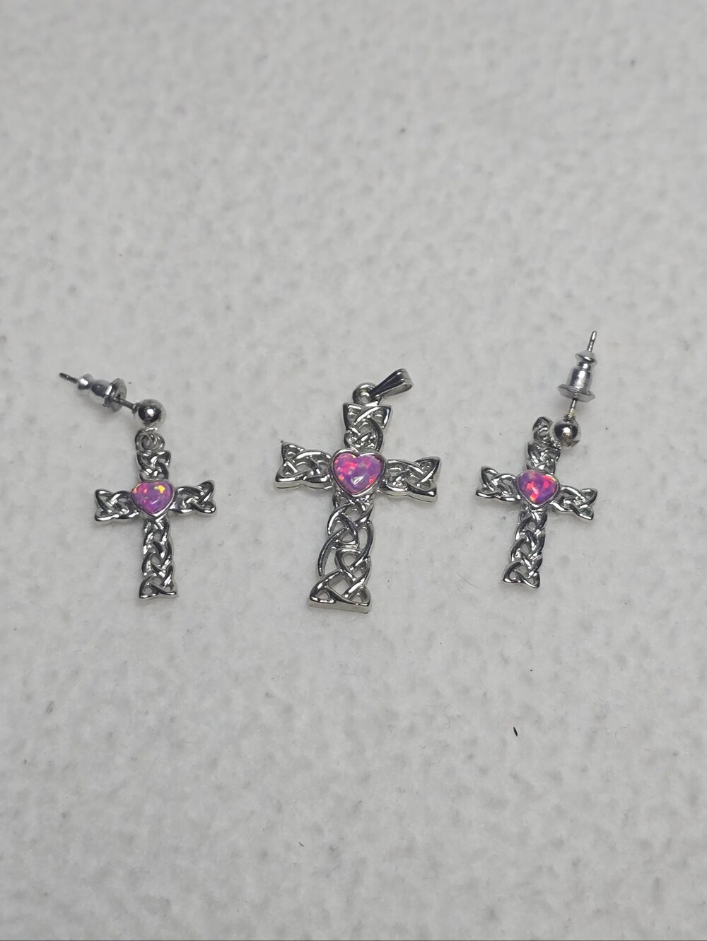 Silver Celtic Cross Pendant and Earrings Set with Pink Heart Accents